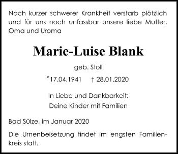 Traueranzeige von Marie-Luise Blank von Ostsee-Zeitung GmbH