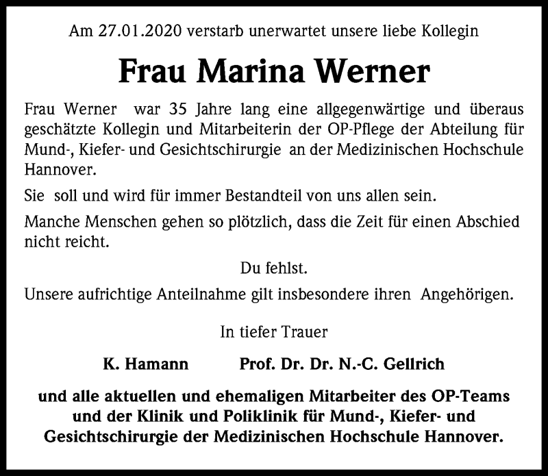  Traueranzeige für Marina Werner vom 01.02.2020 aus Hannoversche Allgemeine Zeitung/Neue Presse