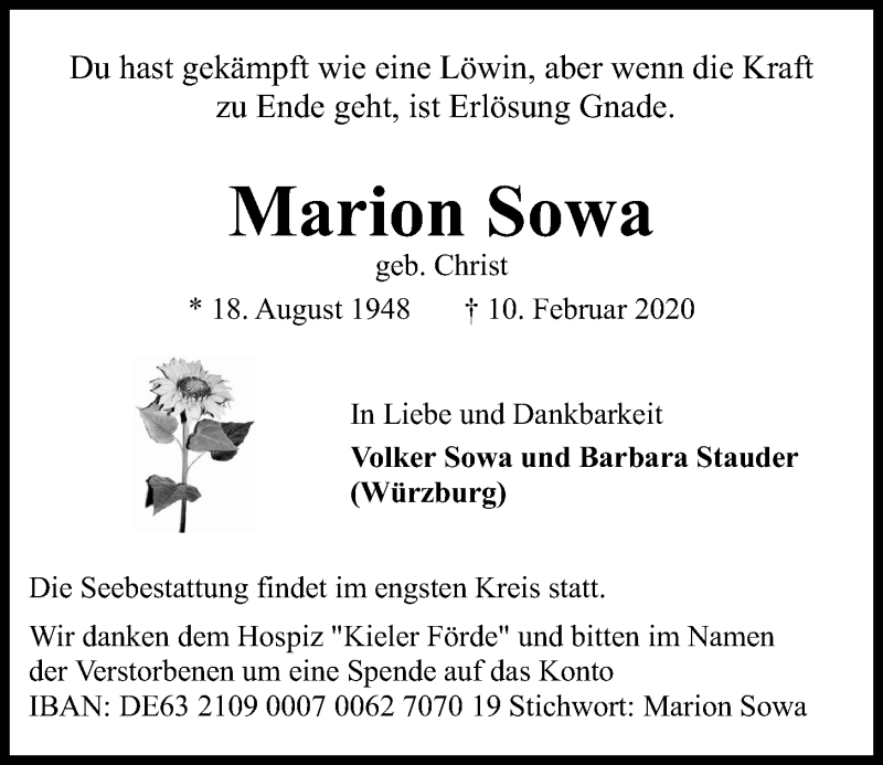  Traueranzeige für Marion Sowa vom 15.02.2020 aus Kieler Nachrichten
