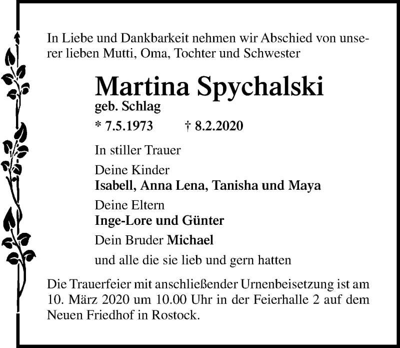  Traueranzeige für Martina Spychalski vom 15.02.2020 aus Ostsee-Zeitung GmbH