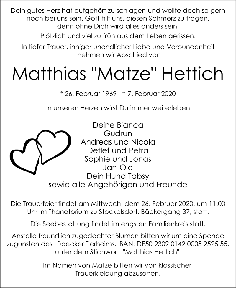  Traueranzeige für Matthias Hettich vom 16.02.2020 aus Lübecker Nachrichten