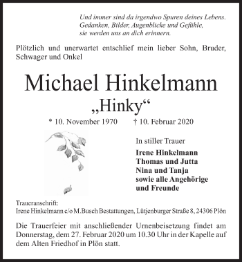 Traueranzeige von Michael Hinkelmann von Kieler Nachrichten