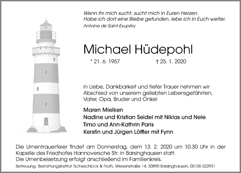  Traueranzeige für Michael Hüdepohl vom 01.02.2020 aus Hannoversche Allgemeine Zeitung/Neue Presse