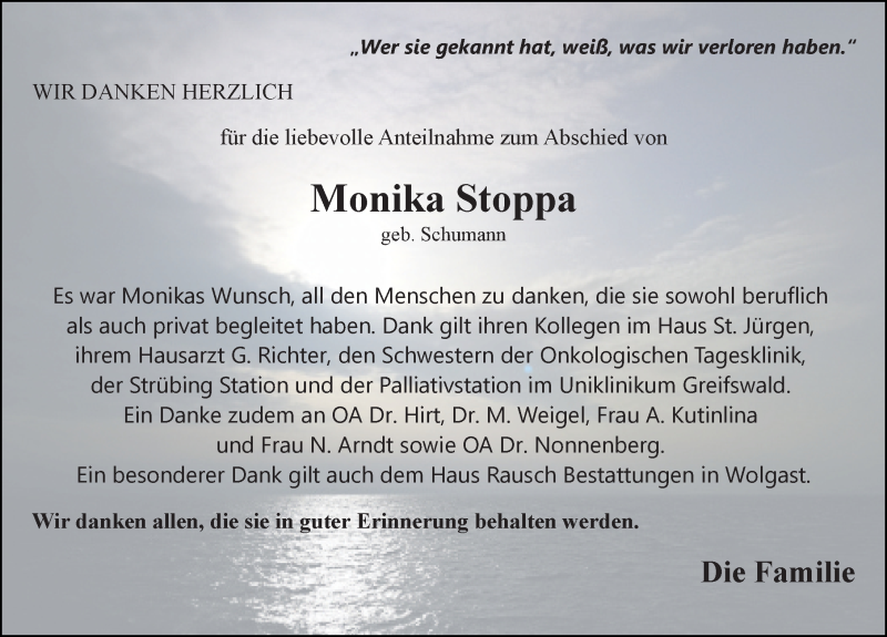  Traueranzeige für Monika Stoppa vom 08.02.2020 aus Ostsee-Zeitung GmbH