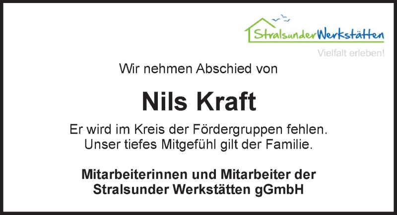  Traueranzeige für Nils Kraft vom 29.02.2020 aus Ostsee-Zeitung GmbH
