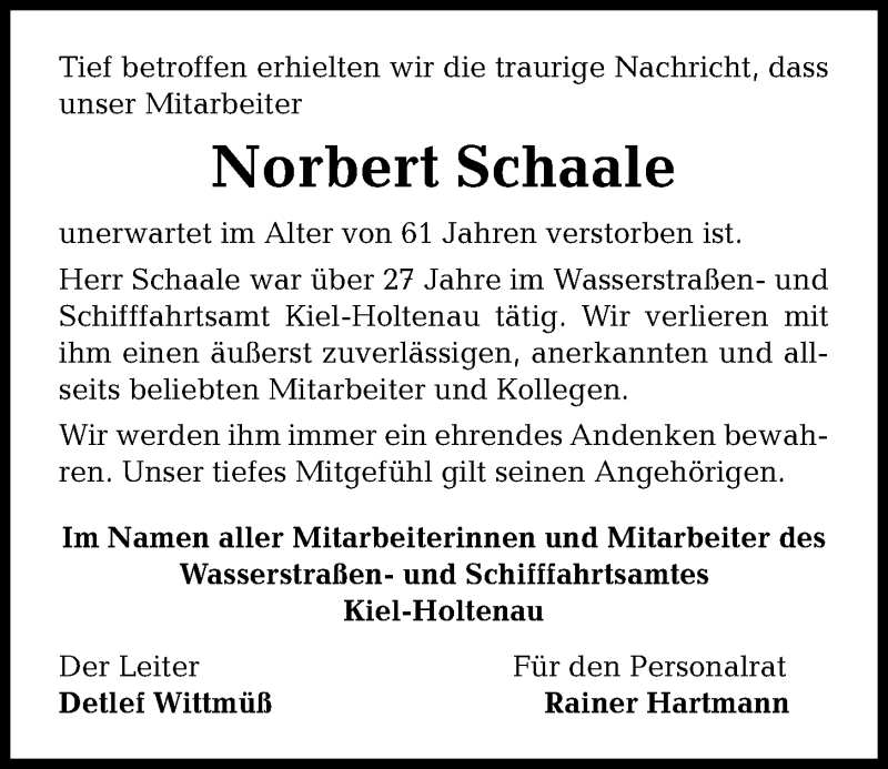  Traueranzeige für Norbert Schaale vom 22.02.2020 aus Kieler Nachrichten