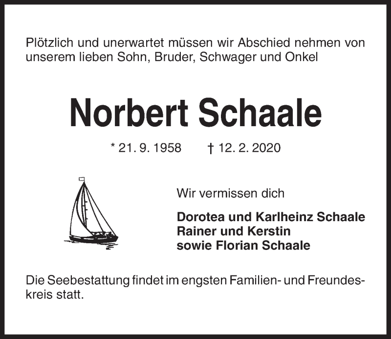  Traueranzeige für Norbert Schaale vom 22.02.2020 aus Kieler Nachrichten