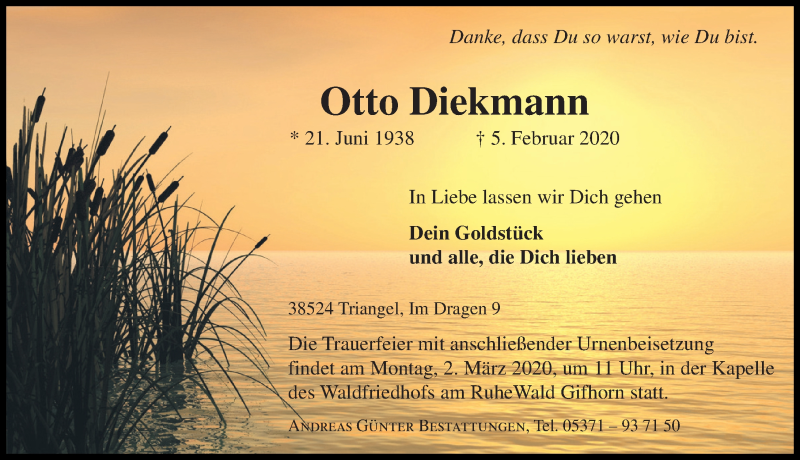  Traueranzeige für Otto Diekmann vom 08.02.2020 aus Aller Zeitung