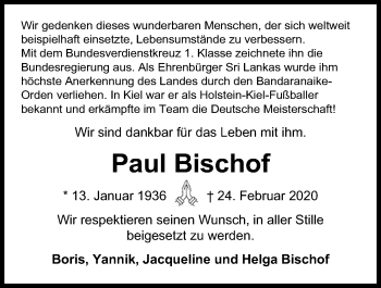 Traueranzeige von Paul Bischof von Kieler Nachrichten