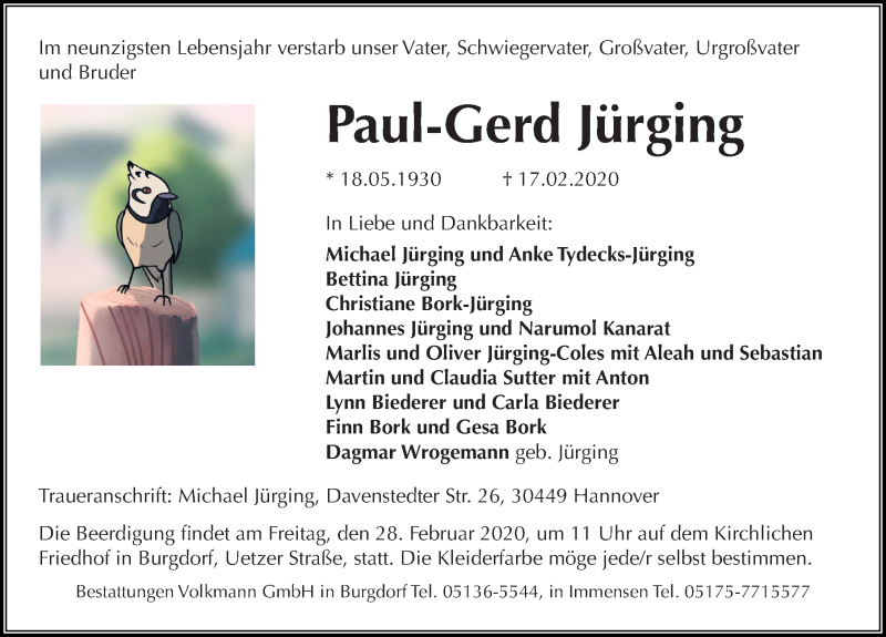  Traueranzeige für Paul-Gerd Jürging vom 22.02.2020 aus Hannoversche Allgemeine Zeitung/Neue Presse