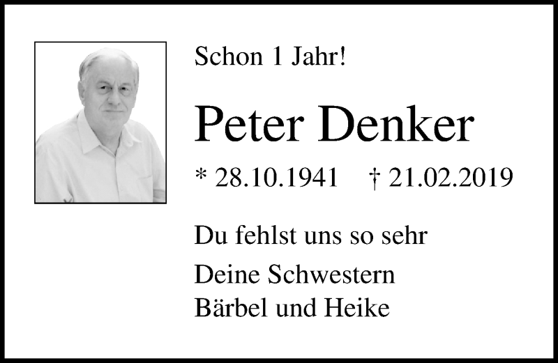  Traueranzeige für Peter Denker vom 23.02.2020 aus Lübecker Nachrichten