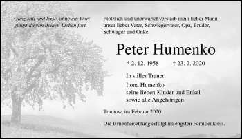 Traueranzeige von Peter Humenko von Ostsee-Zeitung GmbH