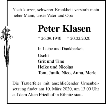 Traueranzeige von Peter Klasen von Ostsee-Zeitung GmbH