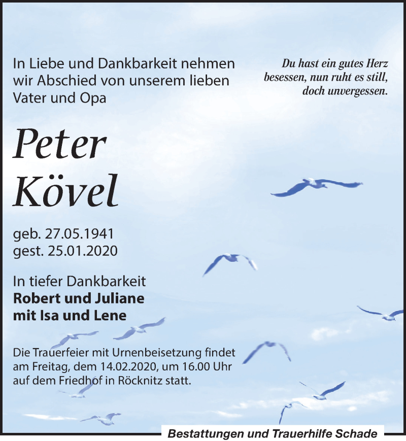  Traueranzeige für Peter Kövel vom 08.02.2020 aus Leipziger Volkszeitung
