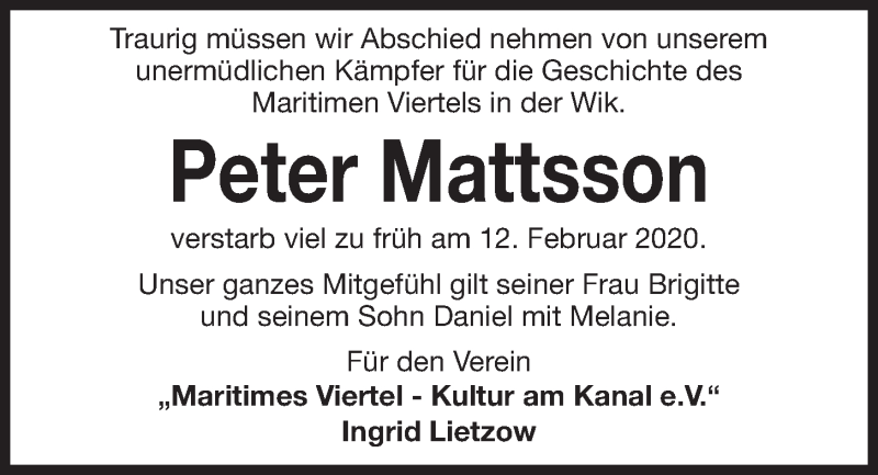  Traueranzeige für Peter Mattsson vom 22.02.2020 aus Kieler Nachrichten