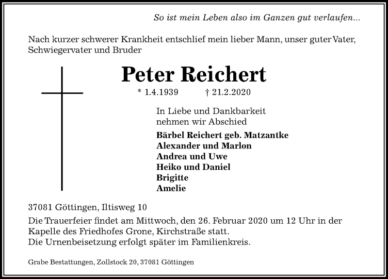  Traueranzeige für Peter Reichert vom 22.02.2020 aus Göttinger Tageblatt