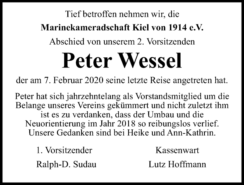  Traueranzeige für Peter Wessel vom 12.02.2020 aus Kieler Nachrichten