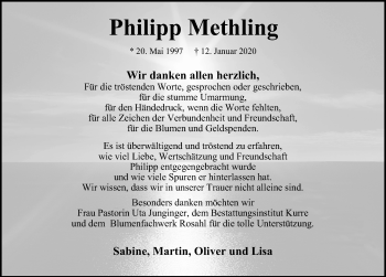 Traueranzeige von Philipp Methling von Hannoversche Allgemeine Zeitung/Neue Presse