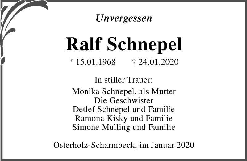  Traueranzeige für Ralf Schnepel vom 08.02.2020 aus Ostsee-Zeitung GmbH