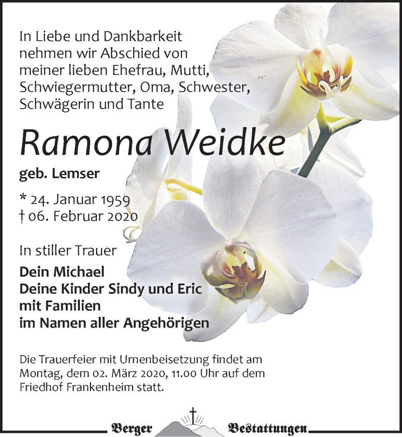  Traueranzeige für Ramona Weidke vom 22.02.2020 aus Leipziger Volkszeitung