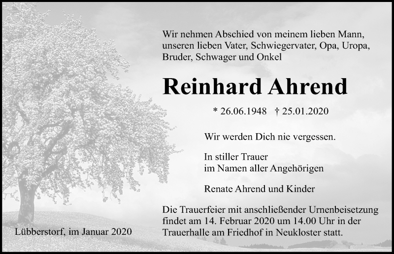  Traueranzeige für Reinhard Ahrend vom 08.02.2020 aus Ostsee-Zeitung GmbH