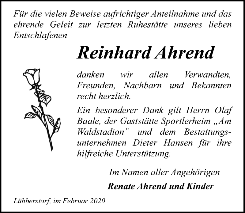  Traueranzeige für Reinhard Ahrend vom 22.02.2020 aus Ostsee-Zeitung GmbH