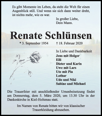 Traueranzeige von Renate Schlünsen von Kieler Nachrichten