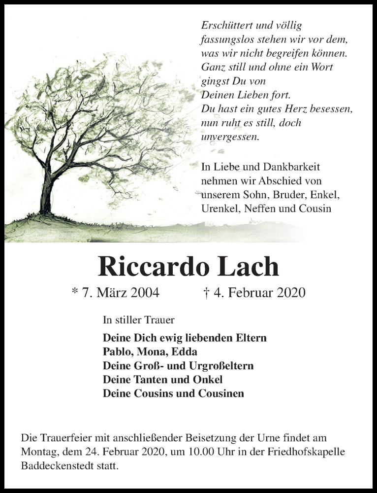  Traueranzeige für Riccardo Lach vom 22.02.2020 aus Peiner Allgemeine Zeitung