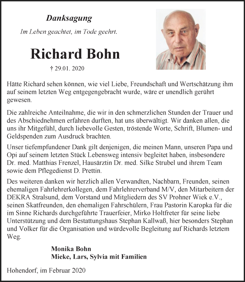  Traueranzeige für Richard Bohn vom 15.02.2020 aus Ostsee-Zeitung GmbH