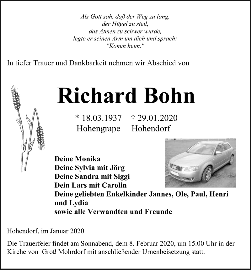  Traueranzeige für Richard Bohn vom 01.02.2020 aus Ostsee-Zeitung GmbH