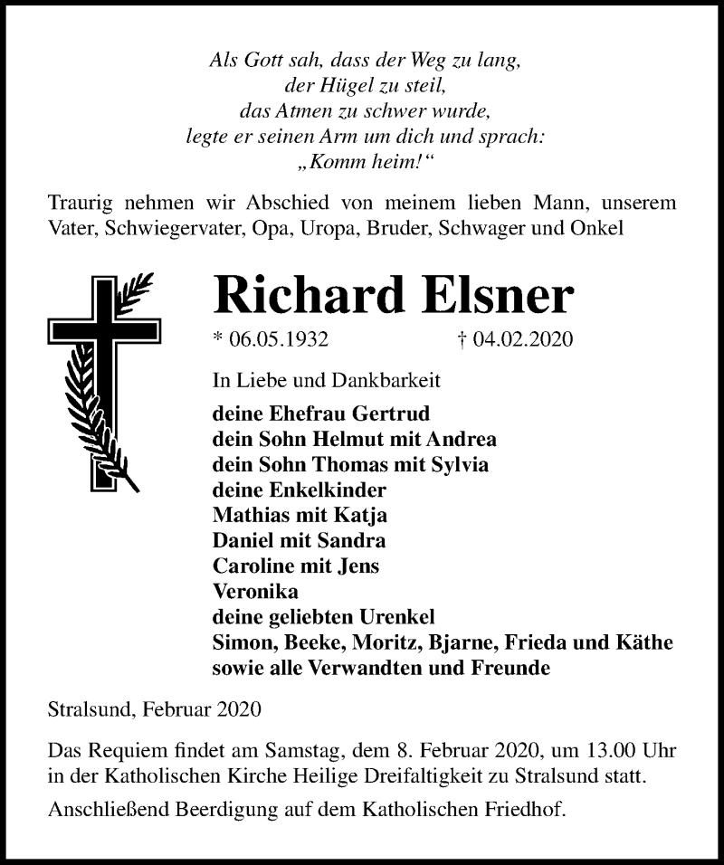  Traueranzeige für Richard Elsner vom 07.02.2020 aus Ostsee-Zeitung GmbH