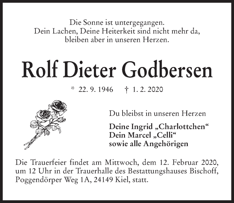  Traueranzeige für Rolf Dieter Godbersen vom 08.02.2020 aus Kieler Nachrichten
