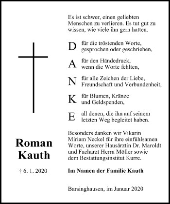 Traueranzeige von Roman Kauth von Hannoversche Allgemeine Zeitung/Neue Presse