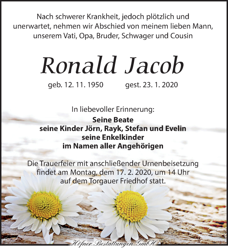  Traueranzeige für Ronald Jacob vom 01.02.2020 aus Torgauer Zeitung