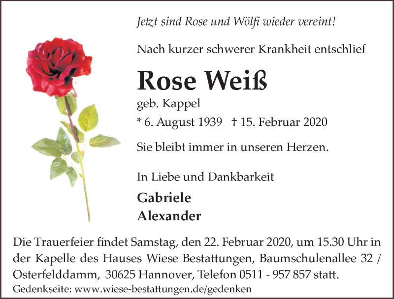  Traueranzeige für Rose Weiß vom 19.02.2020 aus Hannoversche Allgemeine Zeitung/Neue Presse