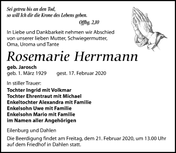 Traueranzeige von Rosemarie Herrmann von Leipziger Volkszeitung