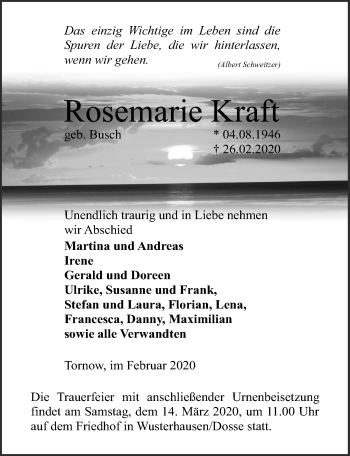 Traueranzeige von Rosemarie Kraft