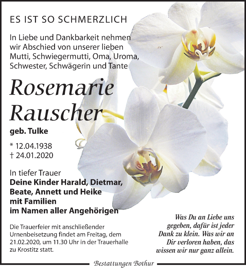  Traueranzeige für Rosemarie Rauscher vom 08.02.2020 aus Leipziger Volkszeitung