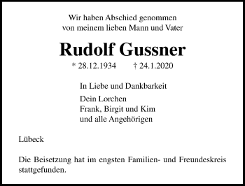 Traueranzeige von Rudolf Gussner von Lübecker Nachrichten