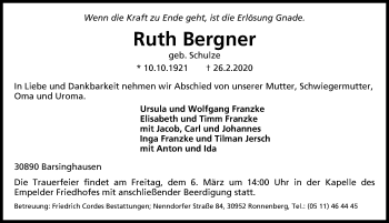 Traueranzeige von Ruth Bergner von Hannoversche Allgemeine Zeitung/Neue Presse