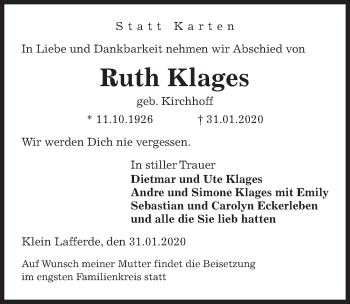 Traueranzeige von Ruth Klages von Peiner Allgemeine Zeitung