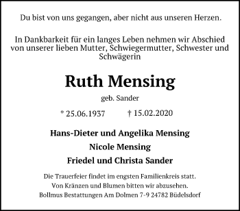 Traueranzeige von Ruth Mensing von Hannoversche Allgemeine Zeitung/Neue Presse