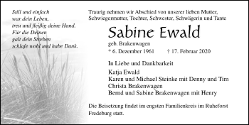 Traueranzeige von Sabine Ewald von Ostsee-Zeitung GmbH