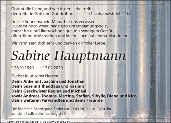 Traueranzeige von Sabine Hauptmann von Leipziger Volkszeitung