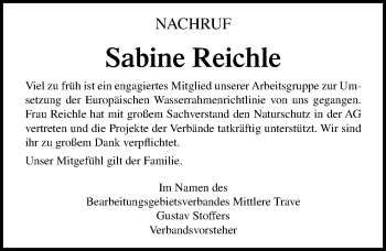 Traueranzeige von Sabine Reichle von Lübecker Nachrichten