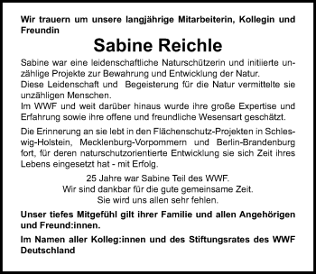 Traueranzeige von Sabine Reichle von Lübecker Nachrichten