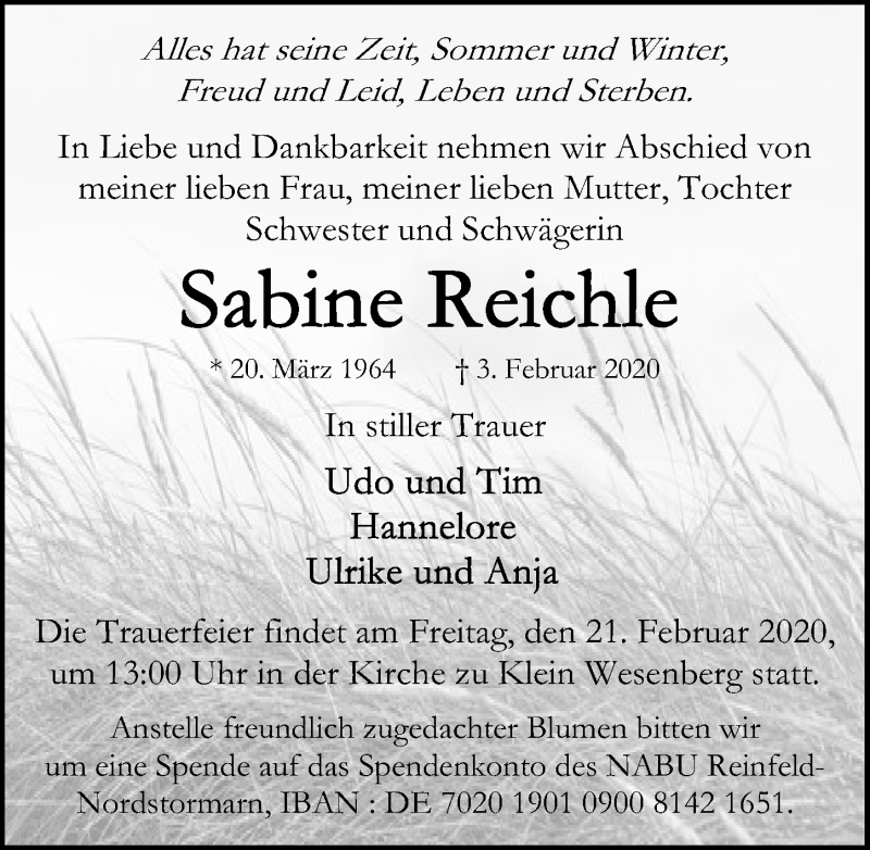  Traueranzeige für Sabine Reichle vom 08.02.2020 aus Lübecker Nachrichten