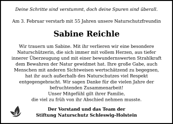 Traueranzeige von Sabine Reichle von Lübecker Nachrichten