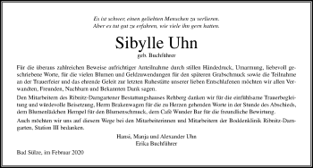 Traueranzeige von Sibylle Uhn von Ostsee-Zeitung GmbH