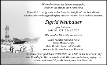Traueranzeige von Sigrid Neubauer von Ostsee-Zeitung GmbH